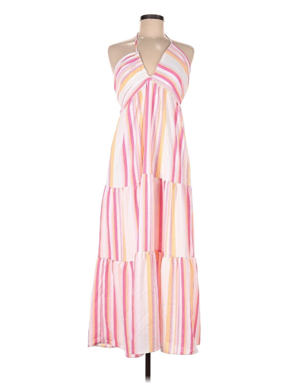 Almost Famous Pink, White & Orange Striped Halter Maxi Dress